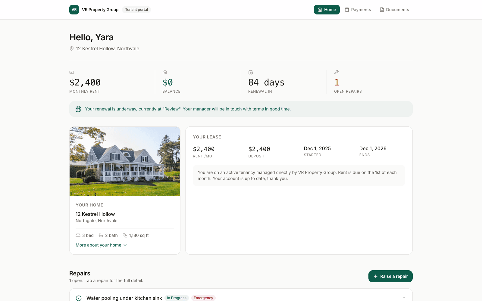 Tenant portal showing monthly rent, account balance, days to renewal, lease summary and an open repair.