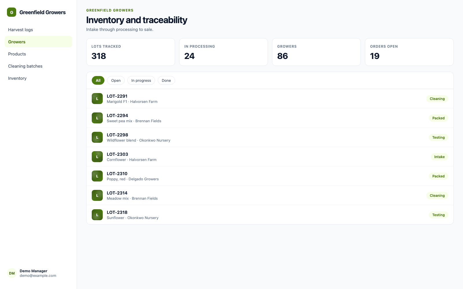Inventory and traceability in a demo Agriculture & Horticulture portal, showing Greenfield Growers with sample records