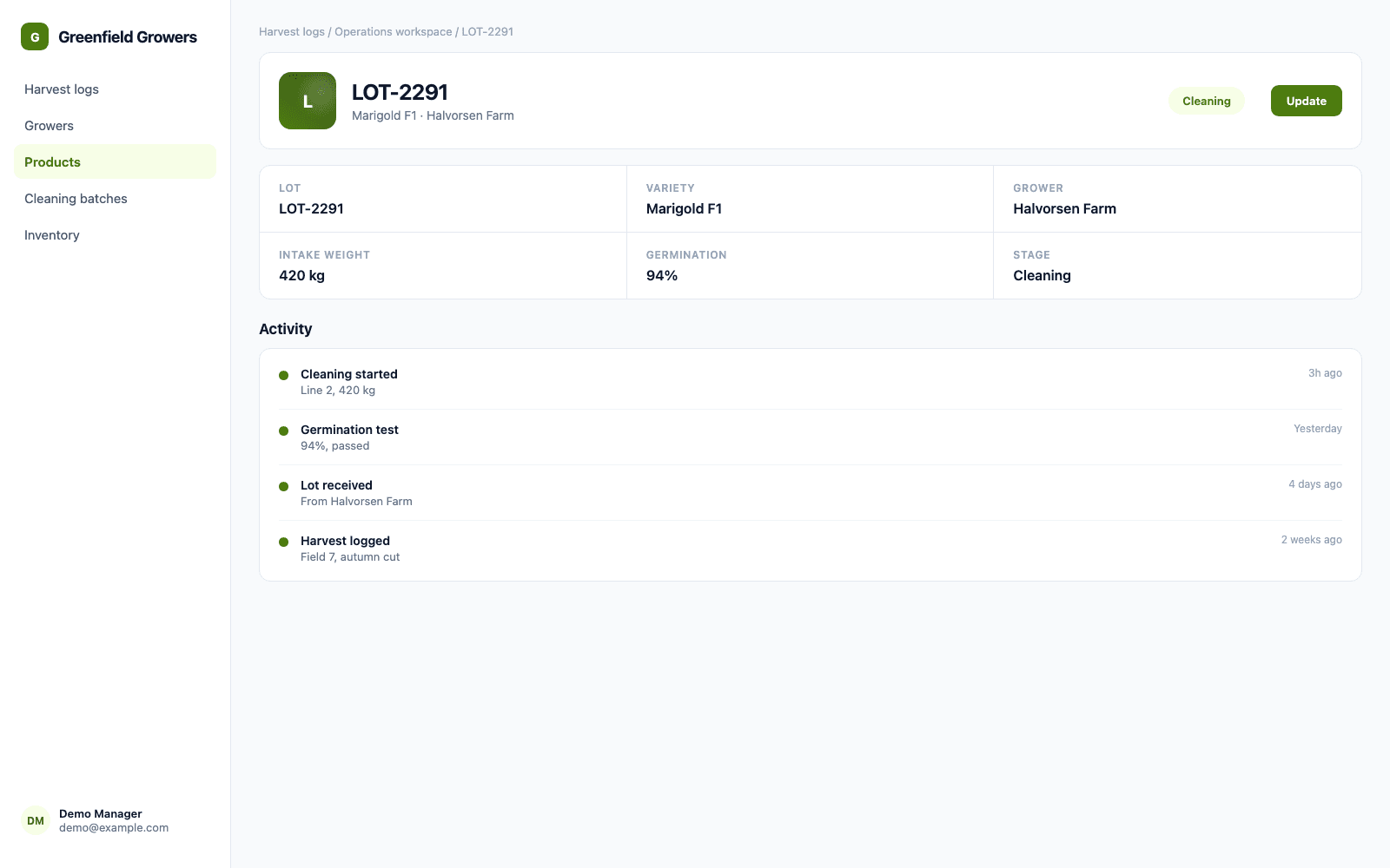 Operations workspace in a demo Agriculture & Horticulture portal, showing Greenfield Growers with sample records