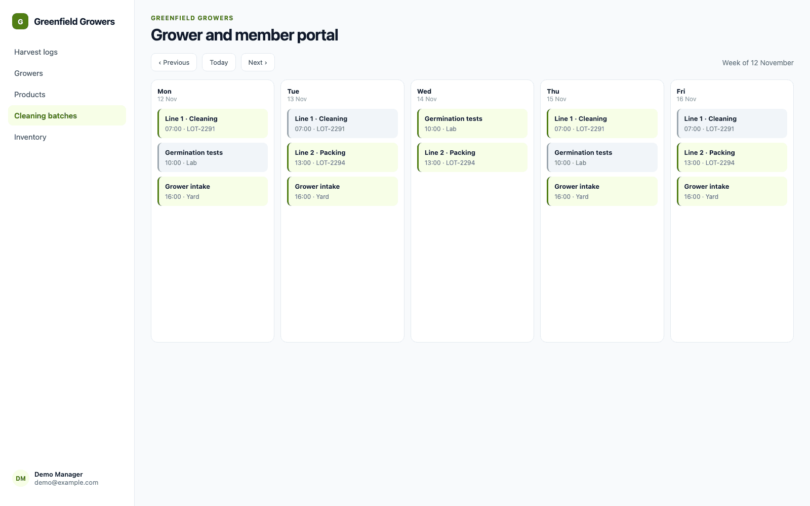 Grower and member portal in a demo Agriculture & Horticulture portal, showing Greenfield Growers with sample records
