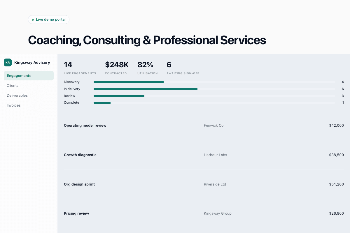 Client portal home showing onboarding checklist, next session, shared resources and progress.