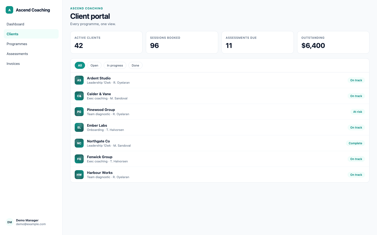 Client portal in a demo Coaching, Consulting & Professional Services portal, showing Ascend Coaching with sample records