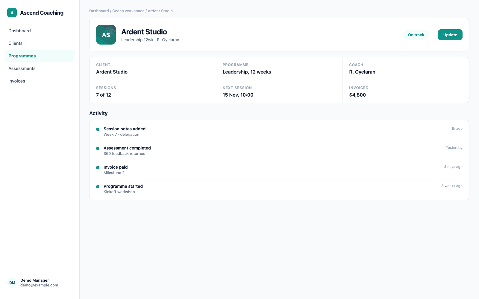 Coach workspace in a demo Coaching, Consulting & Professional Services portal, showing Ascend Coaching with sample records