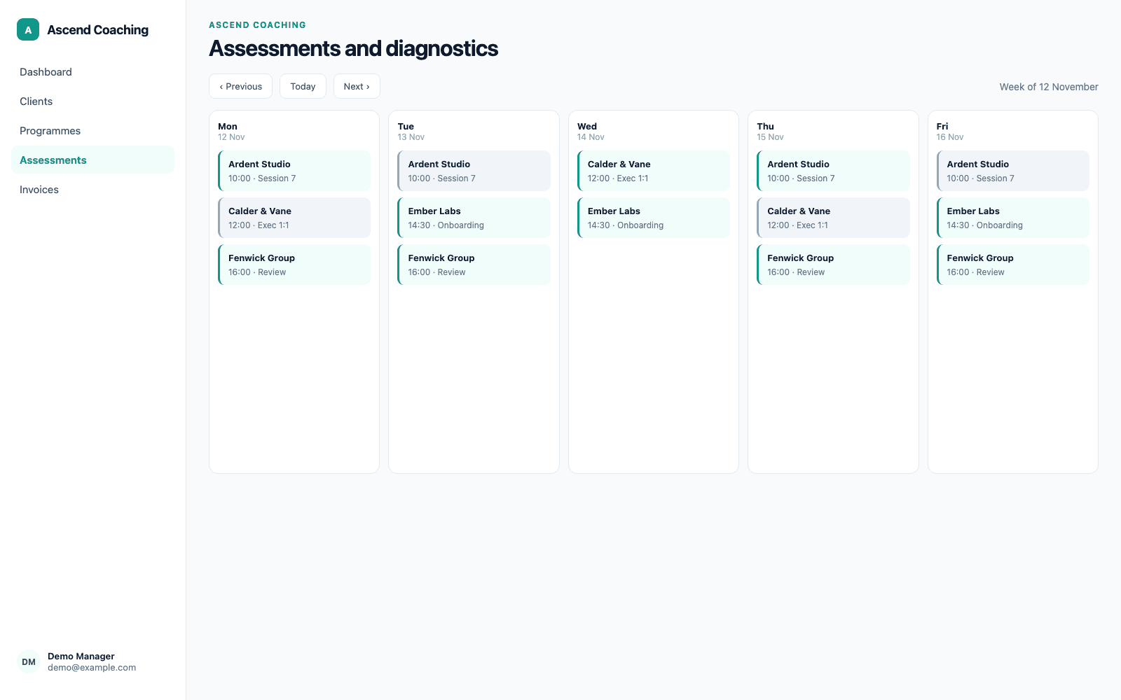 Assessments and diagnostics in a demo Coaching, Consulting & Professional Services portal, showing Ascend Coaching with sample records