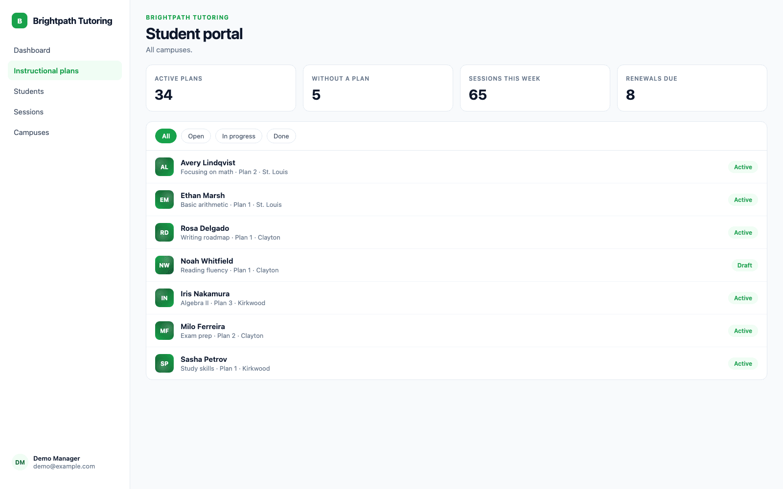 Student portal in a demo Education & Tutoring portal, showing Brightpath Tutoring with sample records