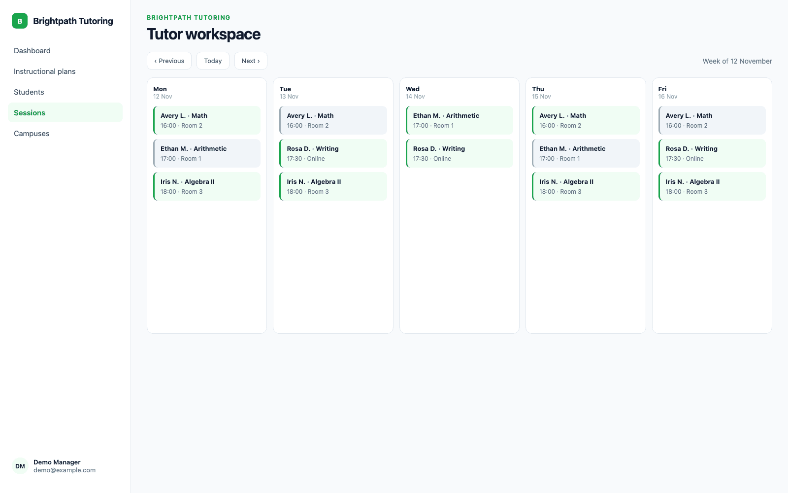 Tutor workspace in a demo Education & Tutoring portal, showing Brightpath Tutoring with sample records
