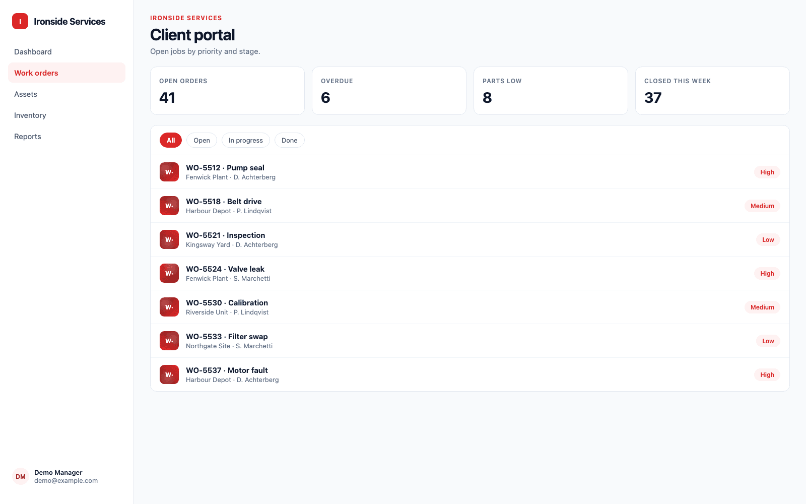 Client portal in a demo Field Services & Maintenance portal, showing Ironside Services with sample records