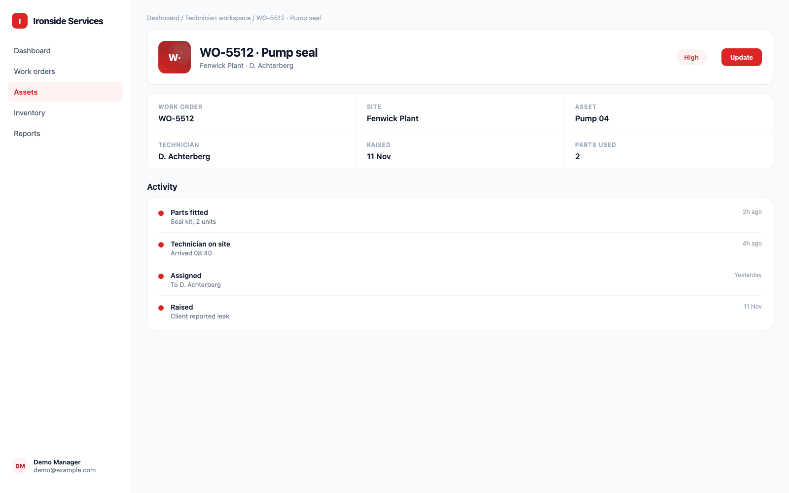 Technician workspace in a demo Field Services & Maintenance portal, showing Ironside Services with sample records