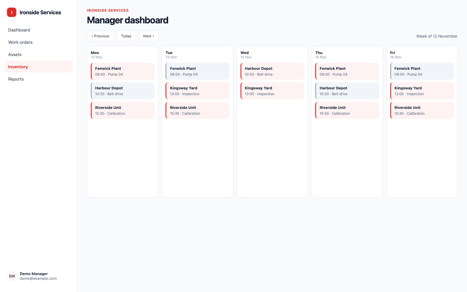 Manager dashboard in a demo Field Services & Maintenance portal, showing Ironside Services with sample records