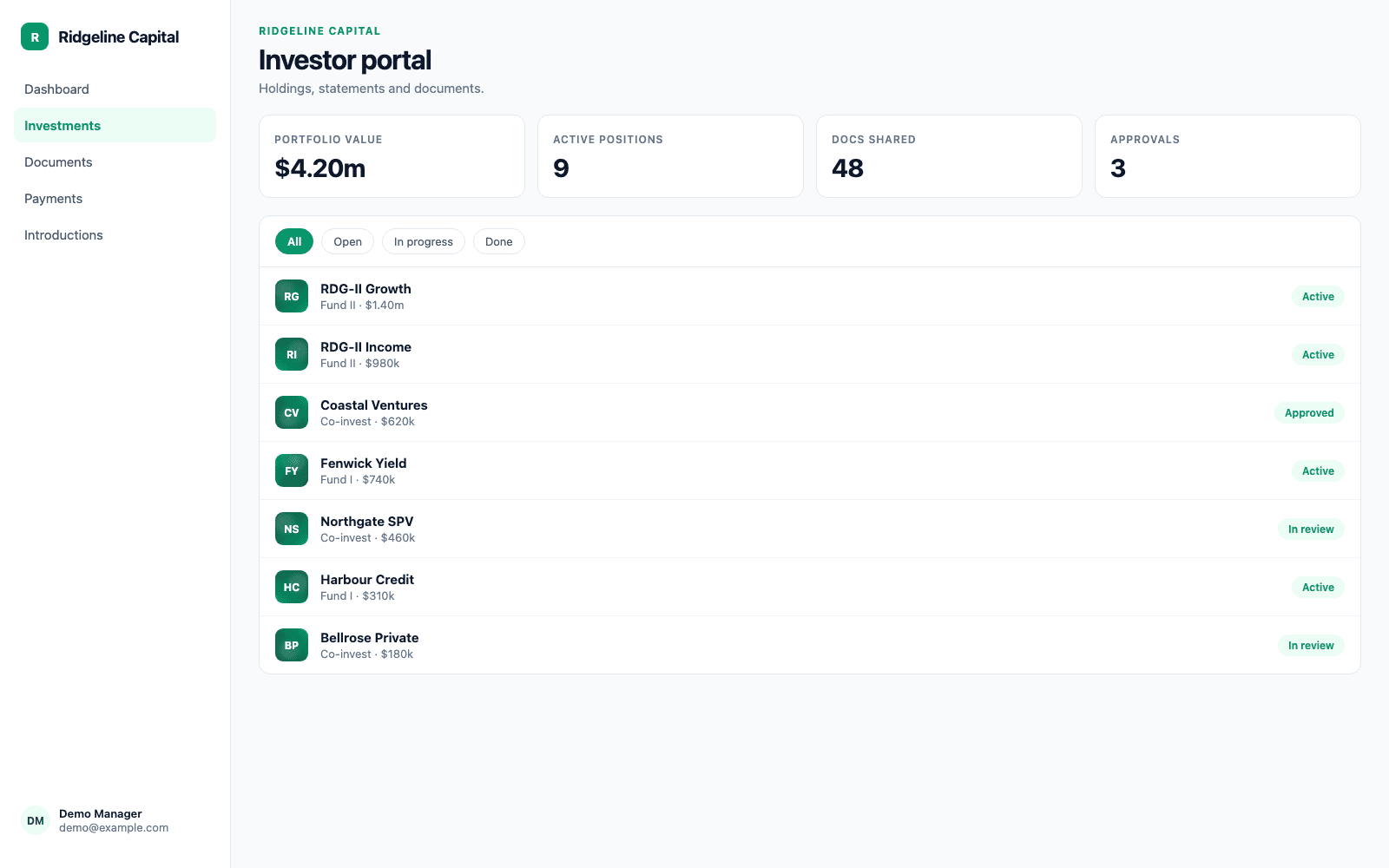 Investor portal in a demo Financial Services portal, showing Ridgeline Capital with sample records