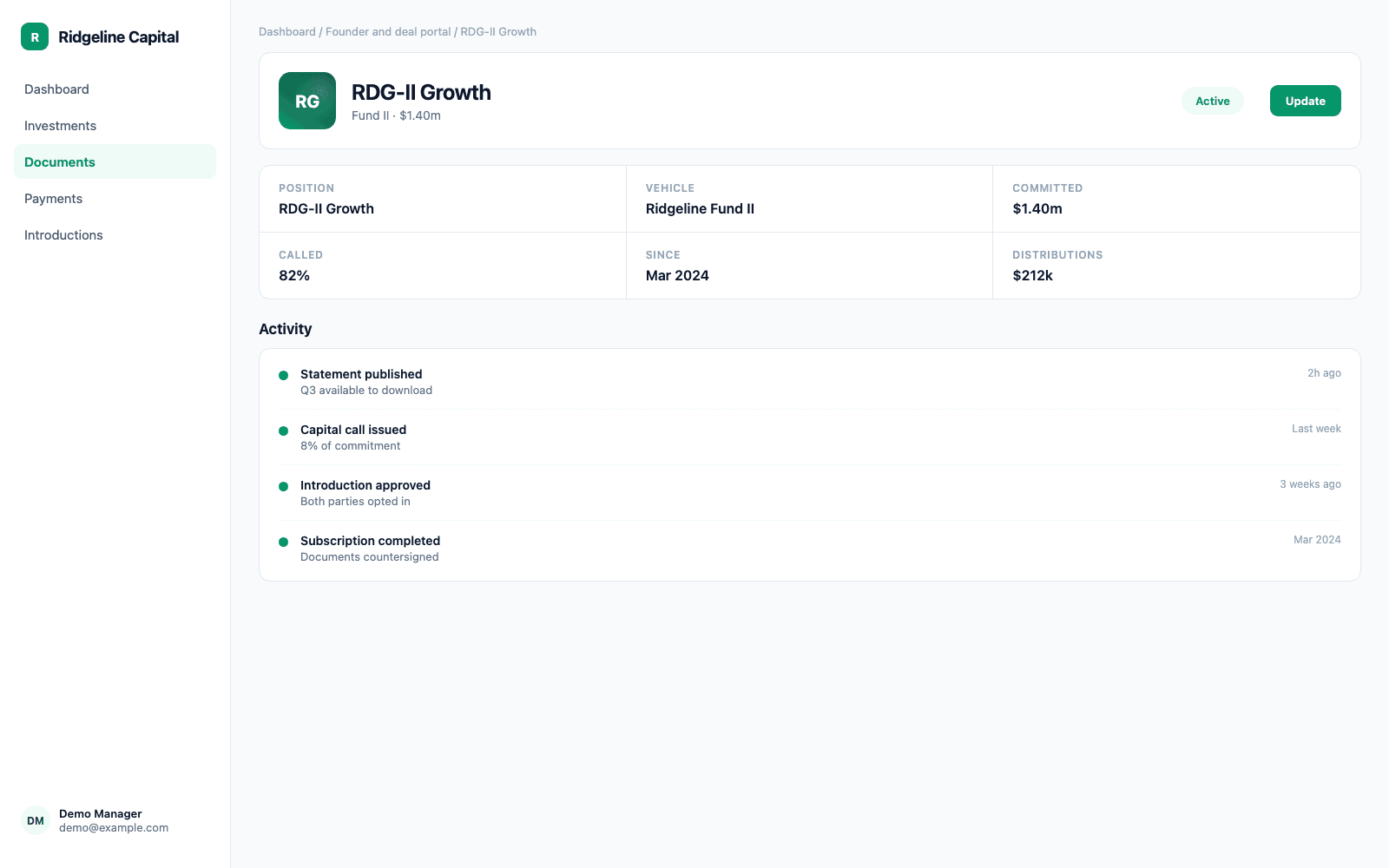 Founder and deal portal in a demo Financial Services portal, showing Ridgeline Capital with sample records