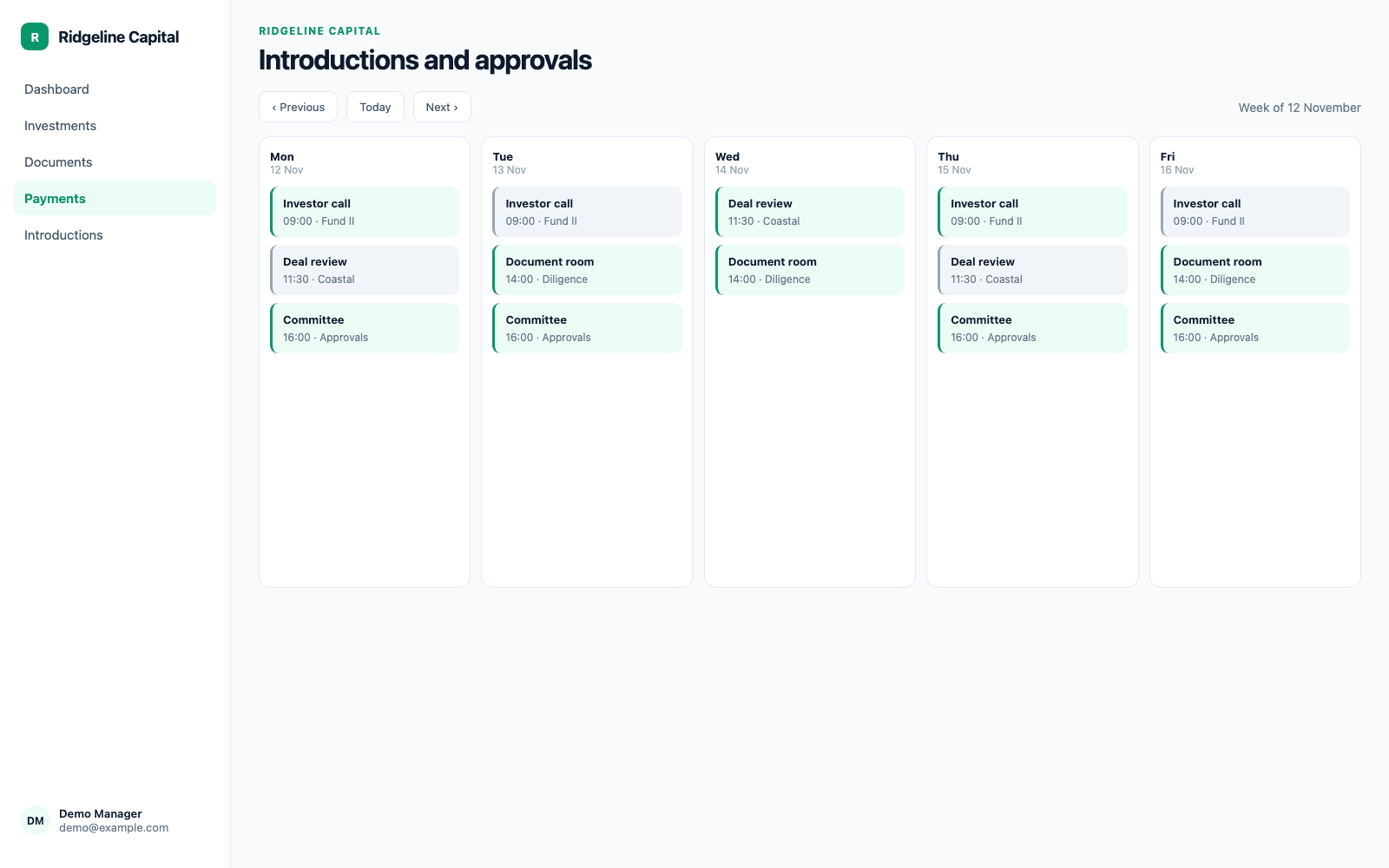 Introductions and approvals in a demo Financial Services portal, showing Ridgeline Capital with sample records