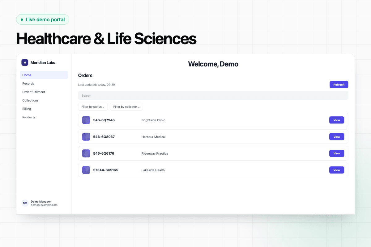 Operations dashboard showing imported lab orders by status, exceptions and missing documents.