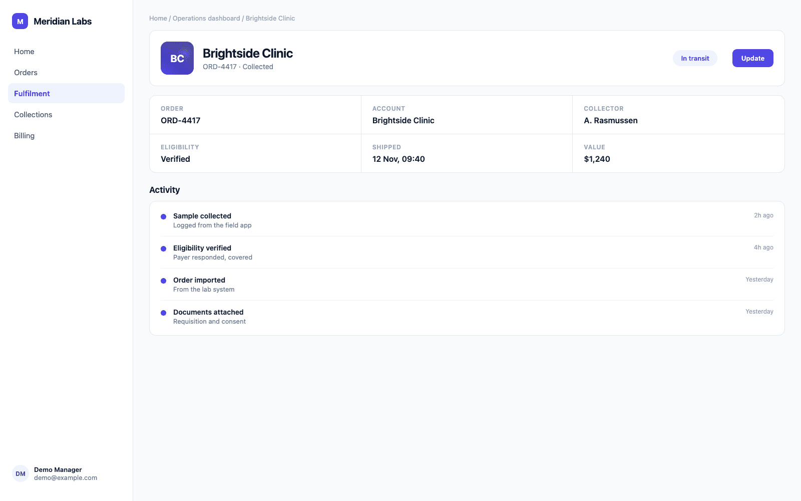 Operations dashboard in a demo Healthcare & Life Sciences portal, showing Meridian Labs with sample records