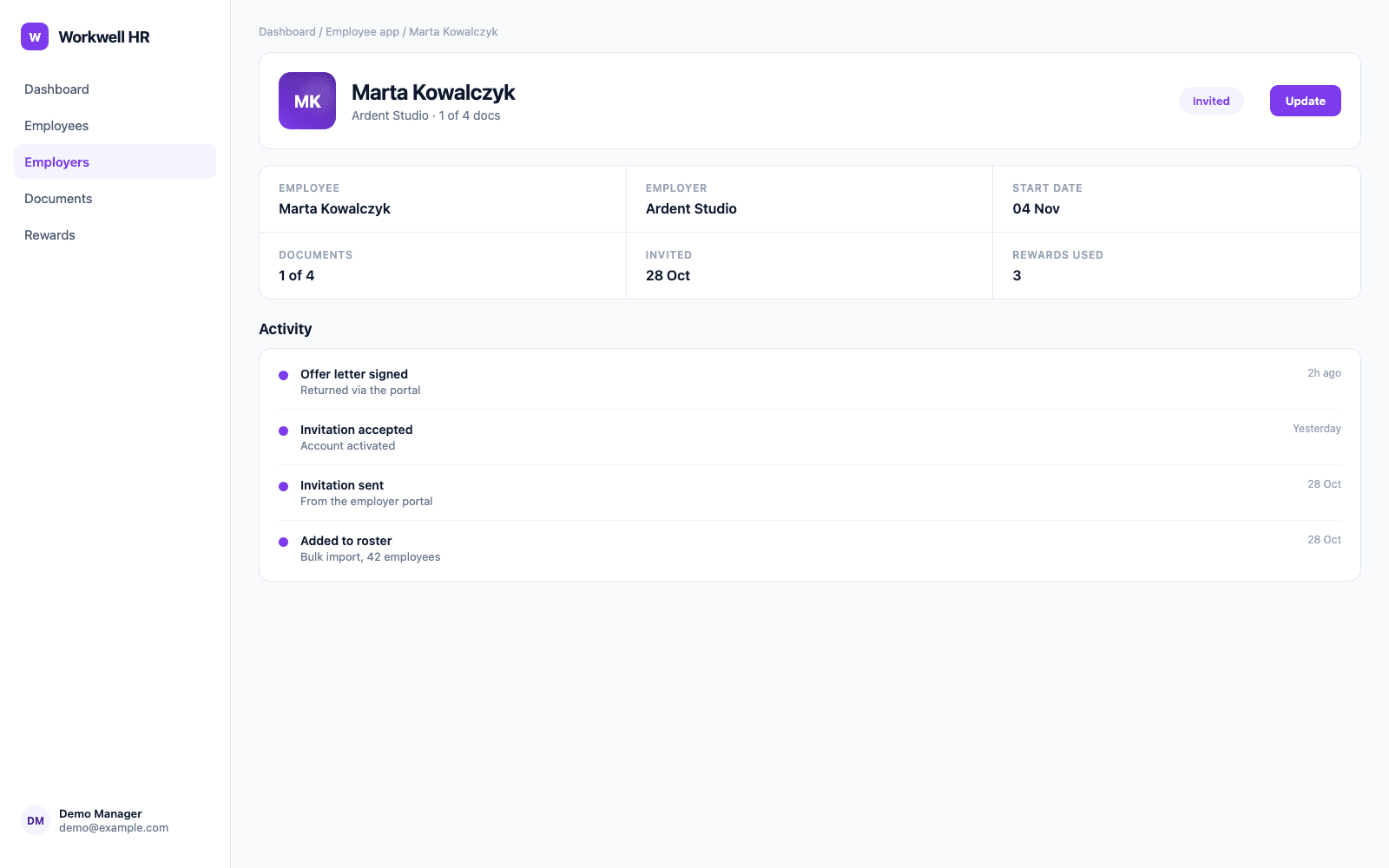 Employee app in a demo HR, Workforce & Employee Benefits portal, showing Workwell HR with sample records