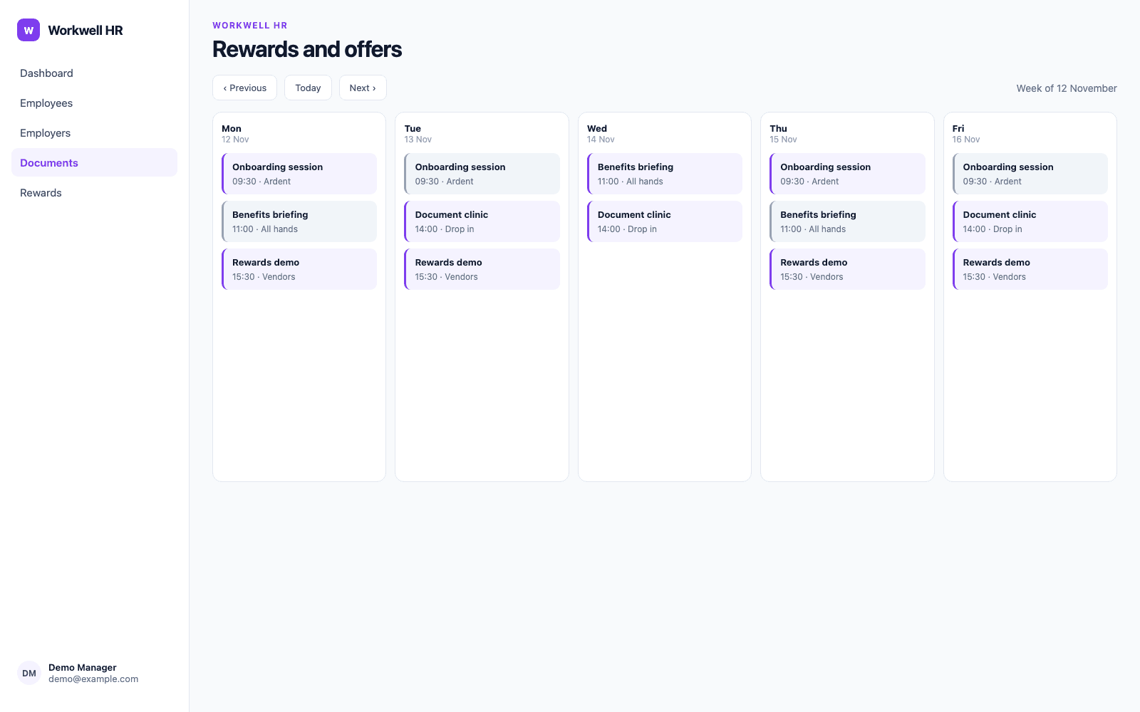 Rewards and offers in a demo HR, Workforce & Employee Benefits portal, showing Workwell HR with sample records