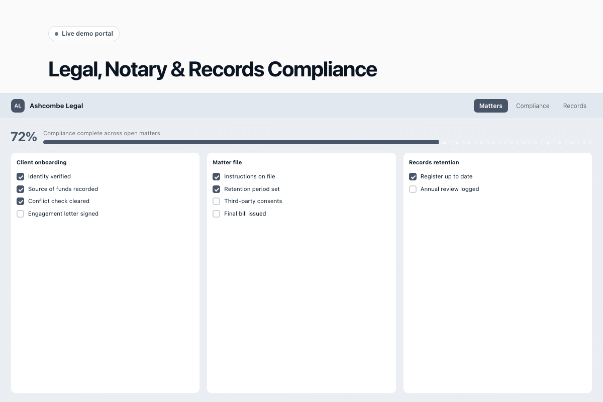 Client portal showing matter status, uploaded documents and outstanding intake items.