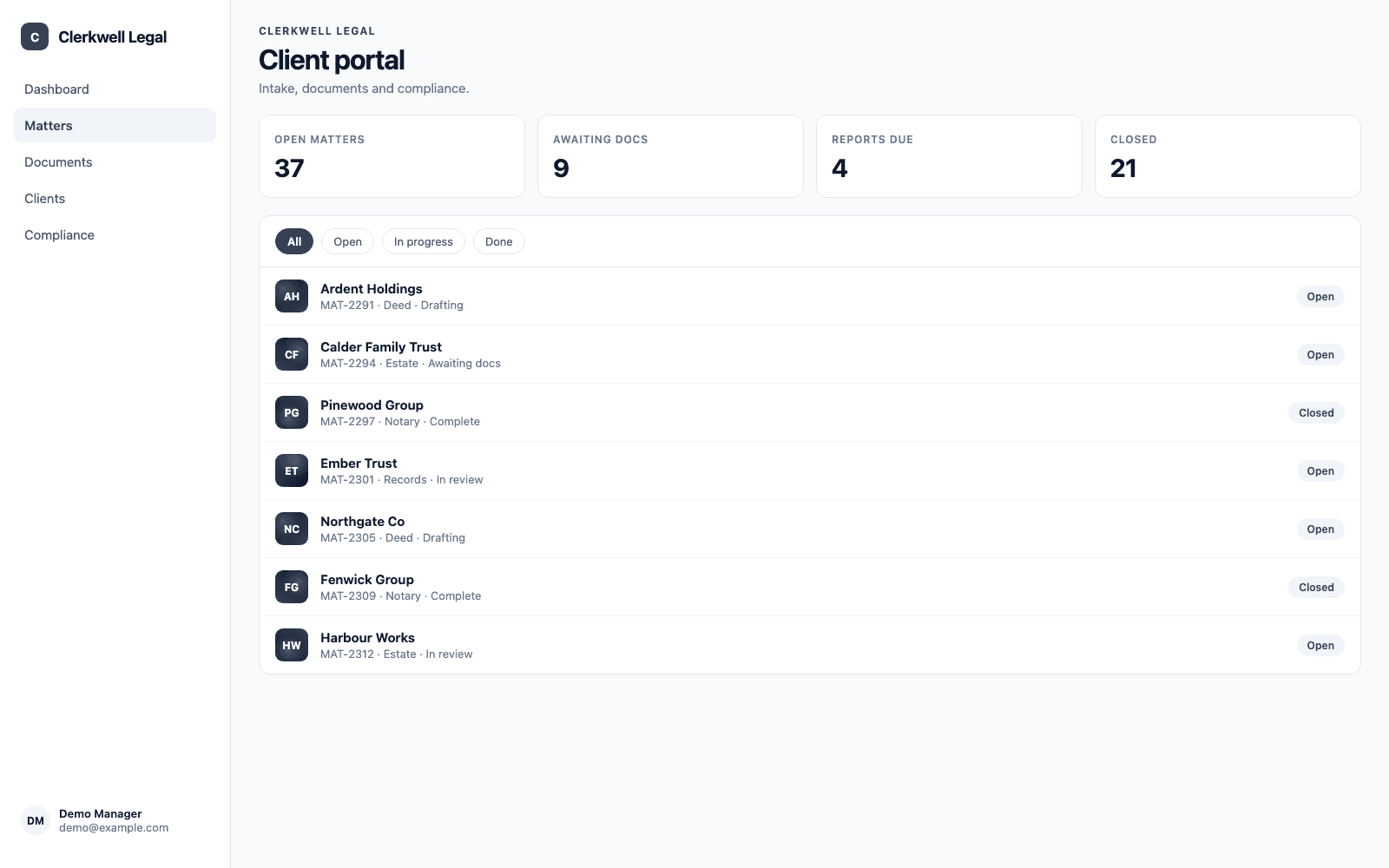Client portal in a demo Legal, Notary & Records Compliance portal, showing Clerkwell Legal with sample records