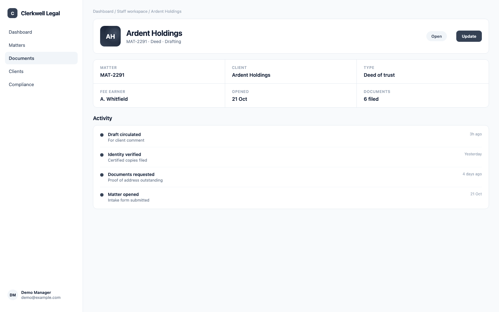 Staff workspace in a demo Legal, Notary & Records Compliance portal, showing Clerkwell Legal with sample records