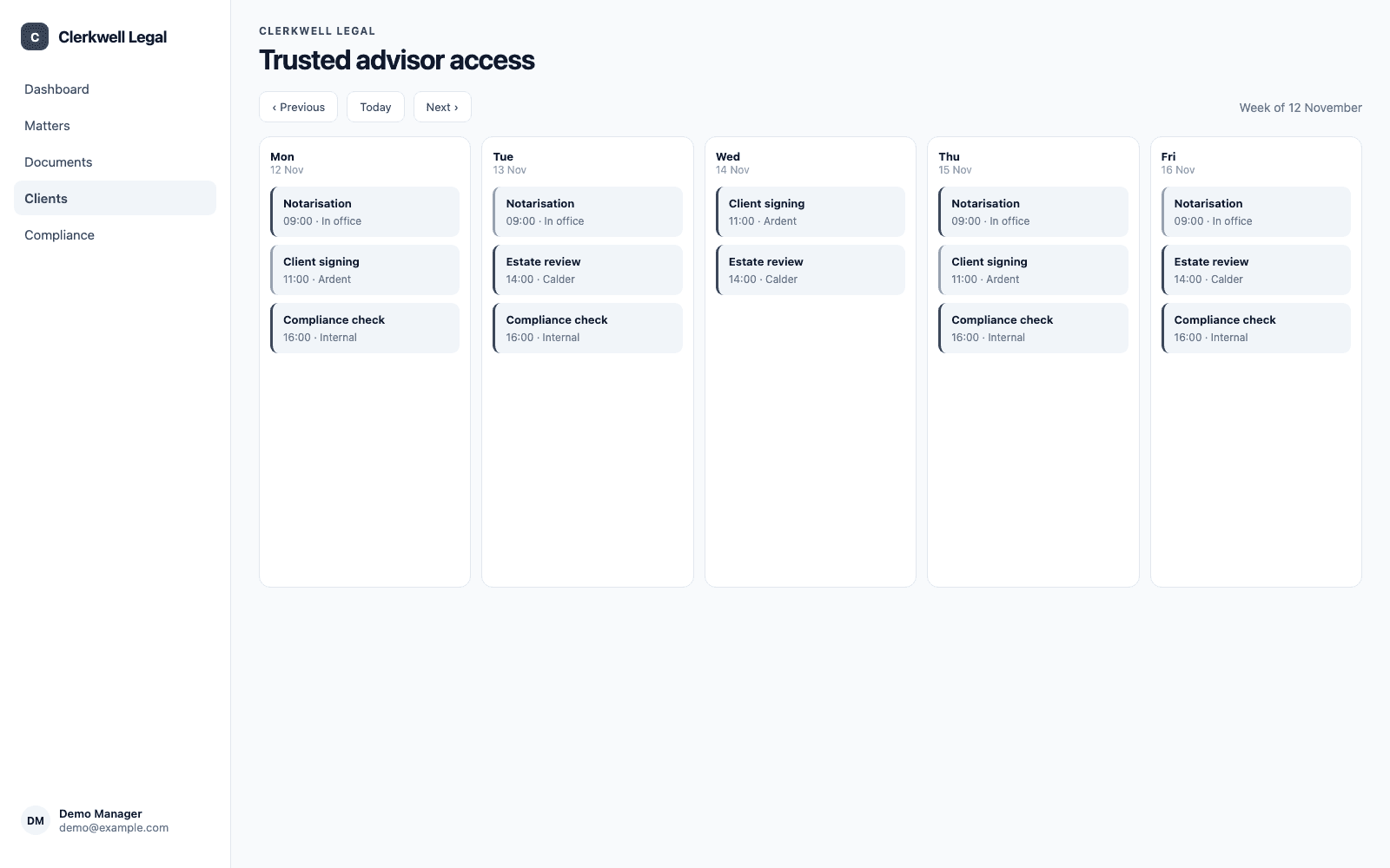 Trusted advisor access in a demo Legal, Notary & Records Compliance portal, showing Clerkwell Legal with sample records