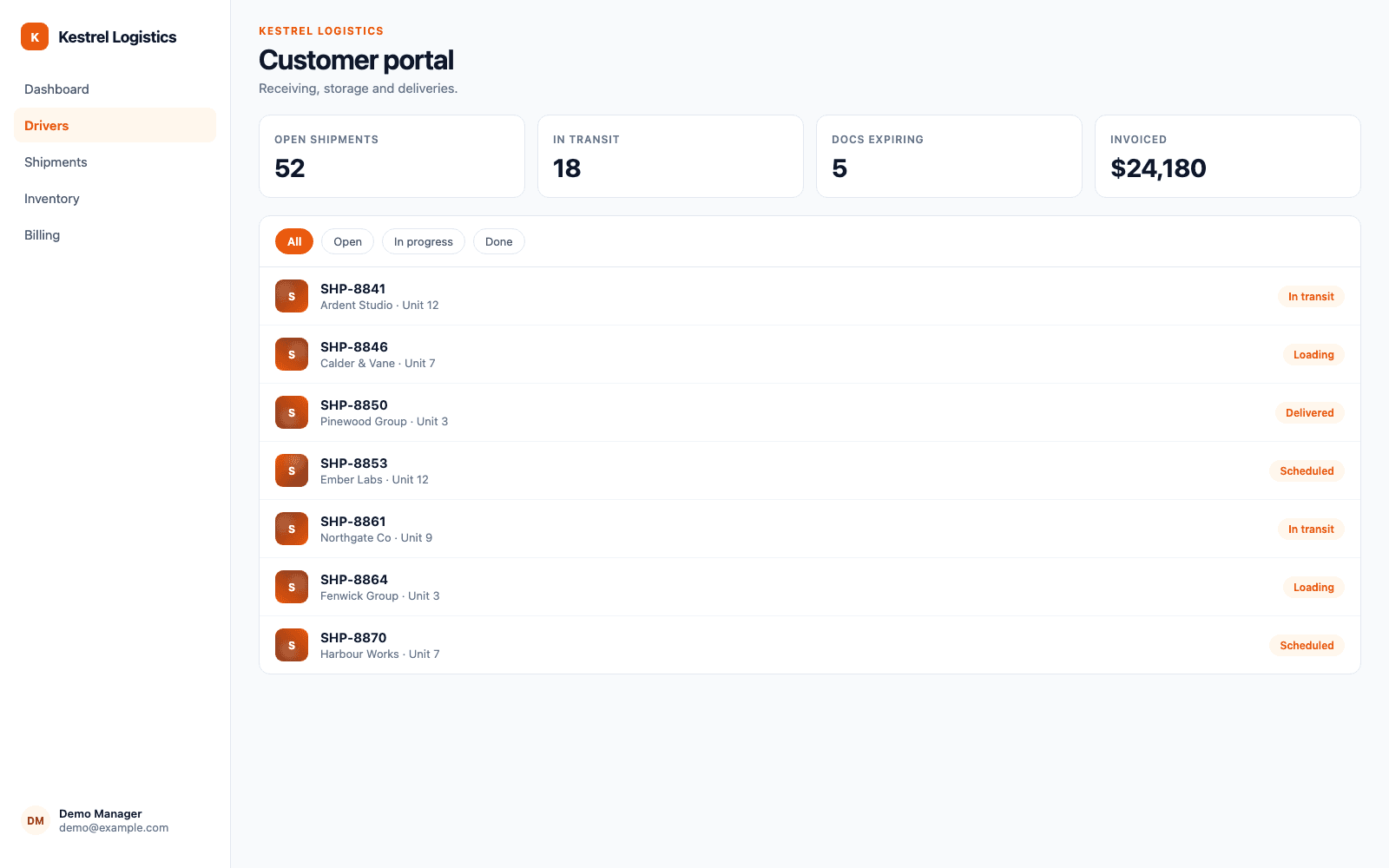 Customer portal in a demo Logistics, Transport & Warehouse portal, showing Kestrel Logistics with sample records