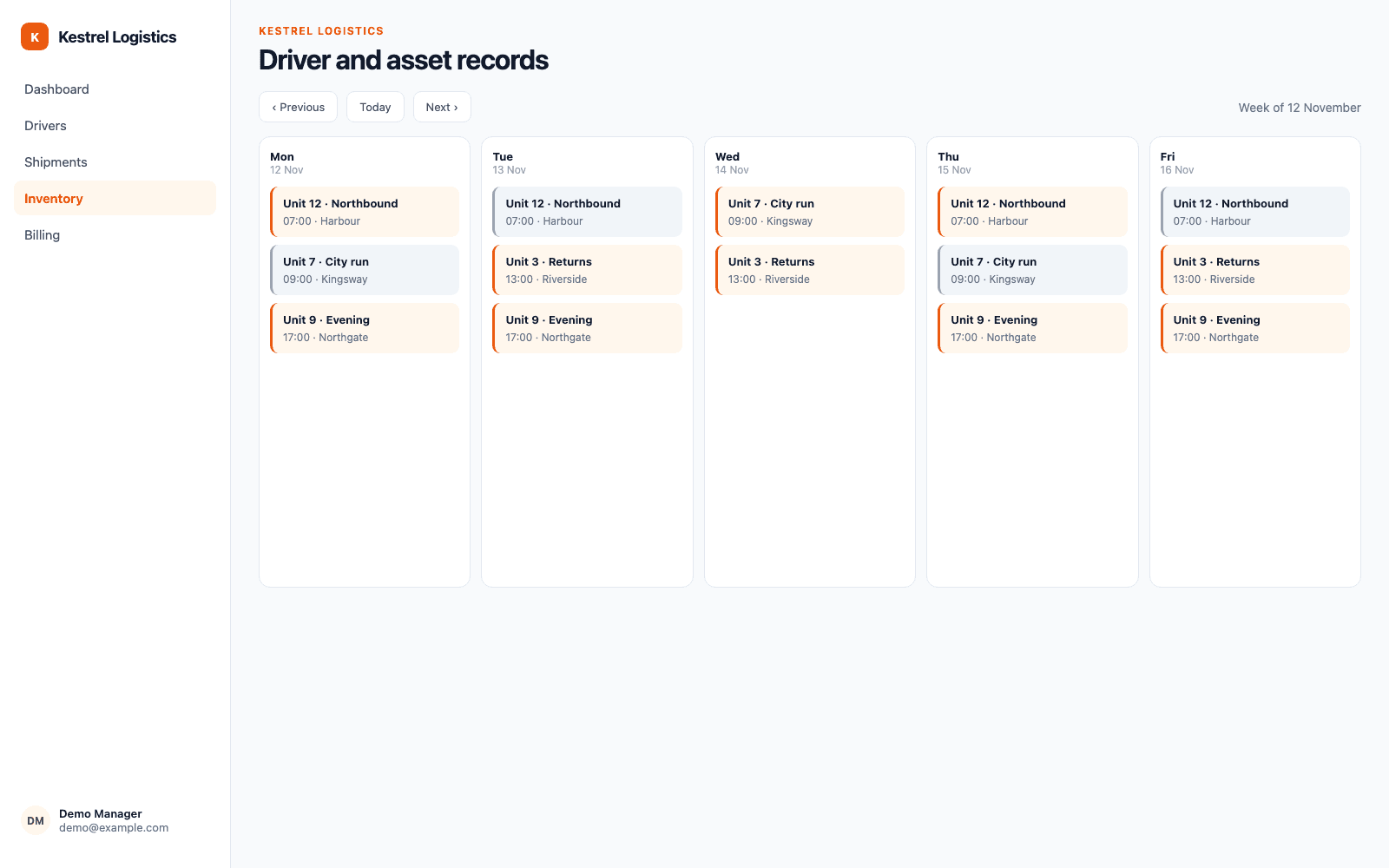 Driver and asset records in a demo Logistics, Transport & Warehouse portal, showing Kestrel Logistics with sample records