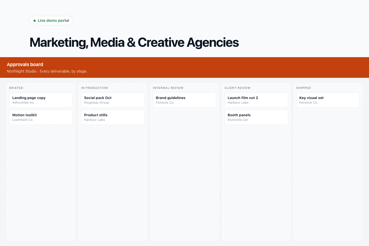 Client portal listing deliverables by status with feedback and approve buttons.