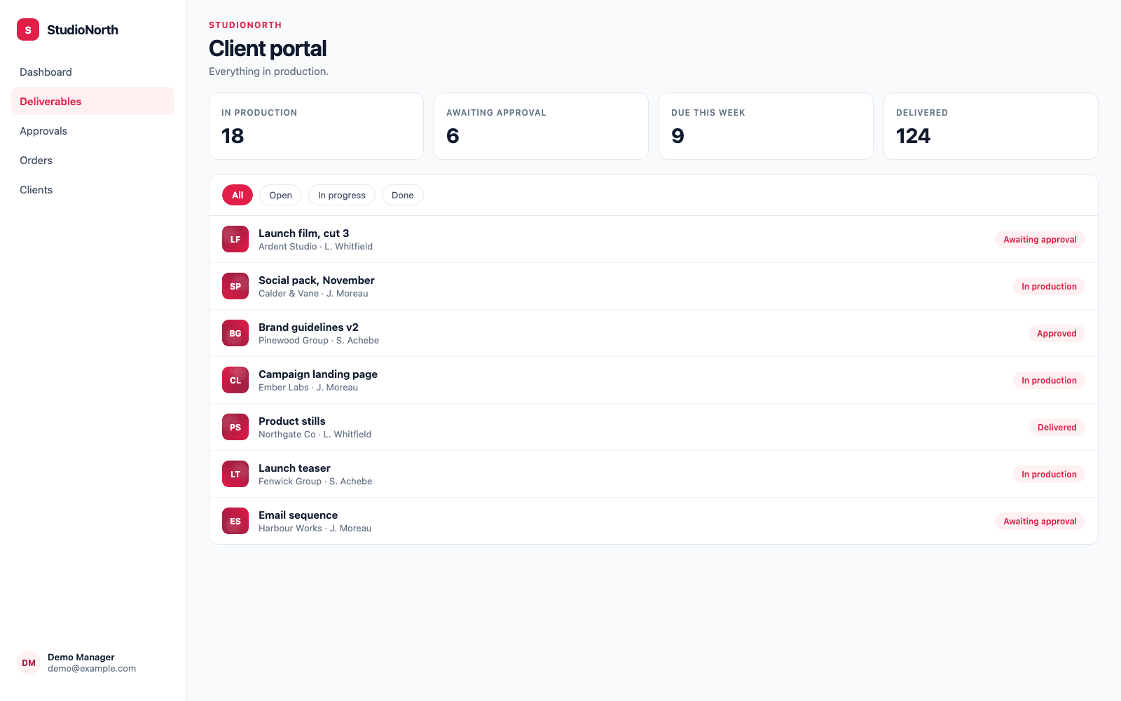 Client portal in a demo Marketing, Media & Creative Agencies portal, showing StudioNorth with sample records