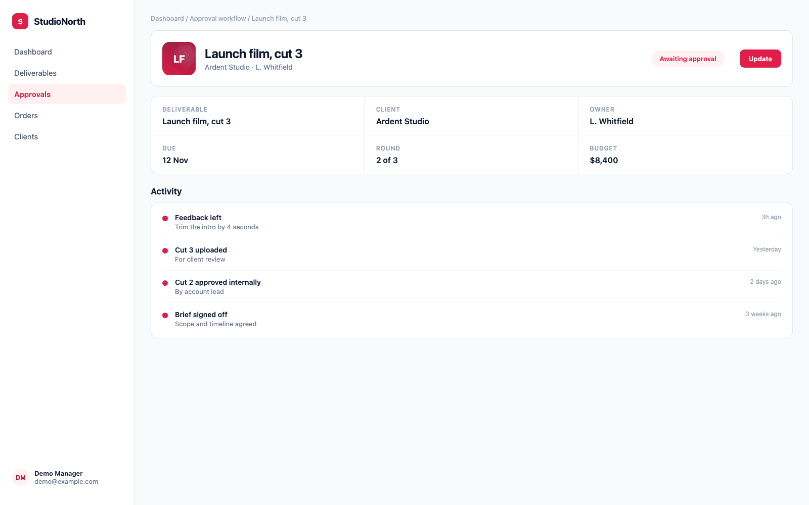 Approval workflow in a demo Marketing, Media & Creative Agencies portal, showing StudioNorth with sample records