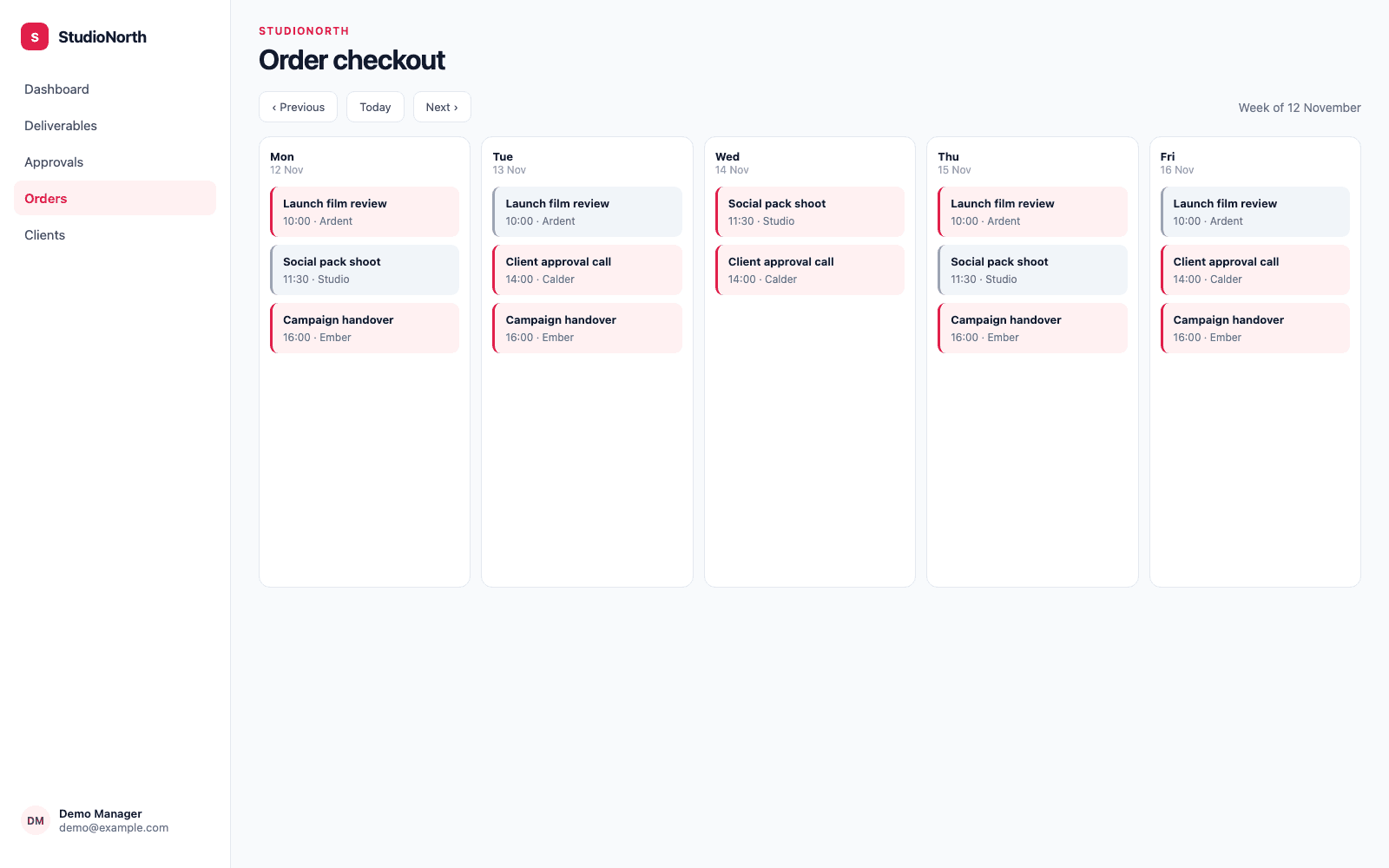 Order checkout in a demo Marketing, Media & Creative Agencies portal, showing StudioNorth with sample records