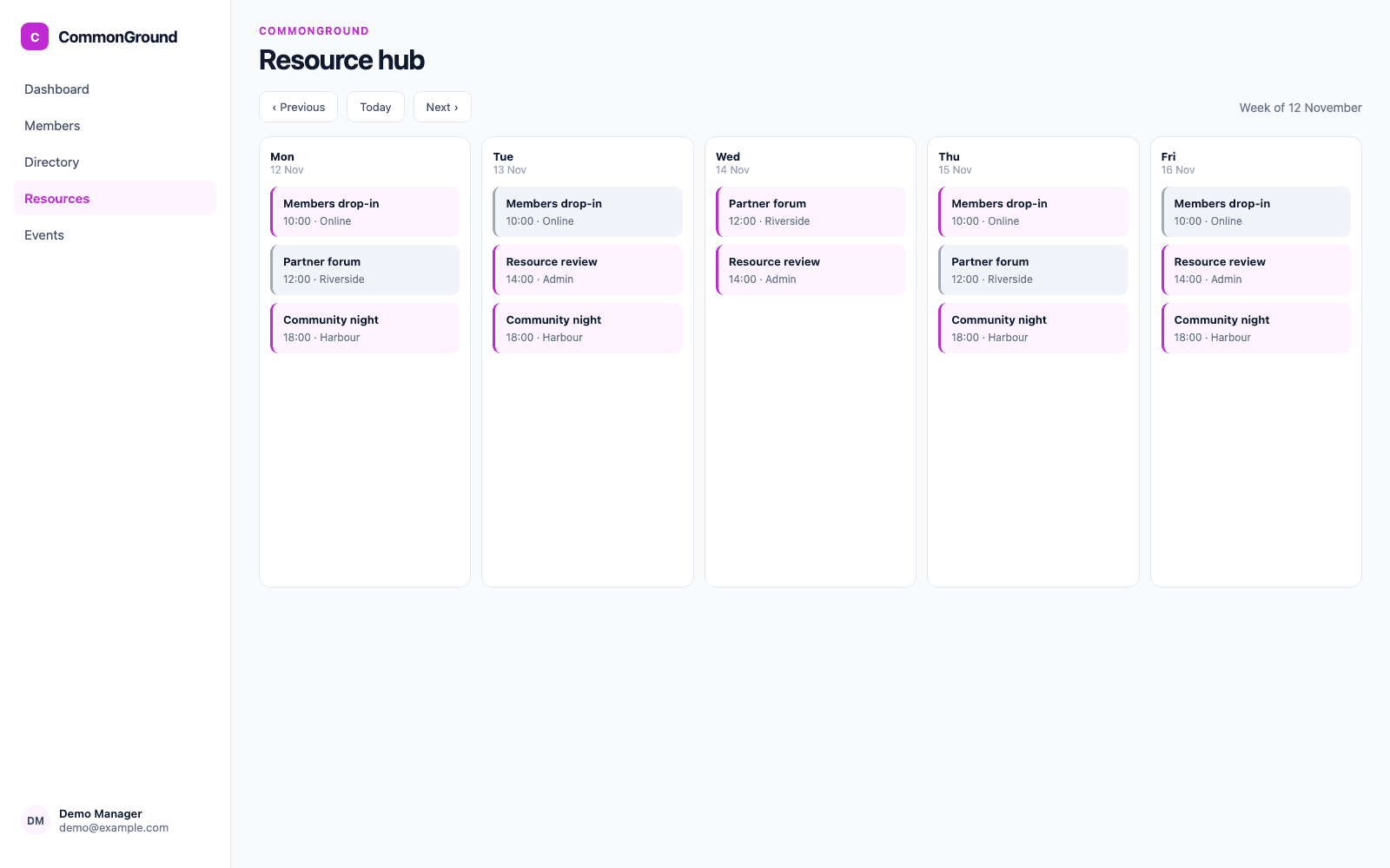 Resource hub in a demo Nonprofit & Community portal, showing CommonGround with sample records