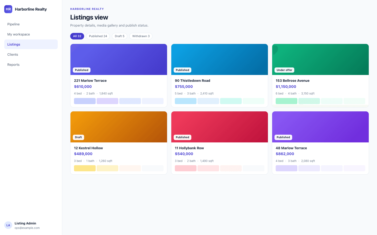 Listing manager with property details, media gallery and publish status.