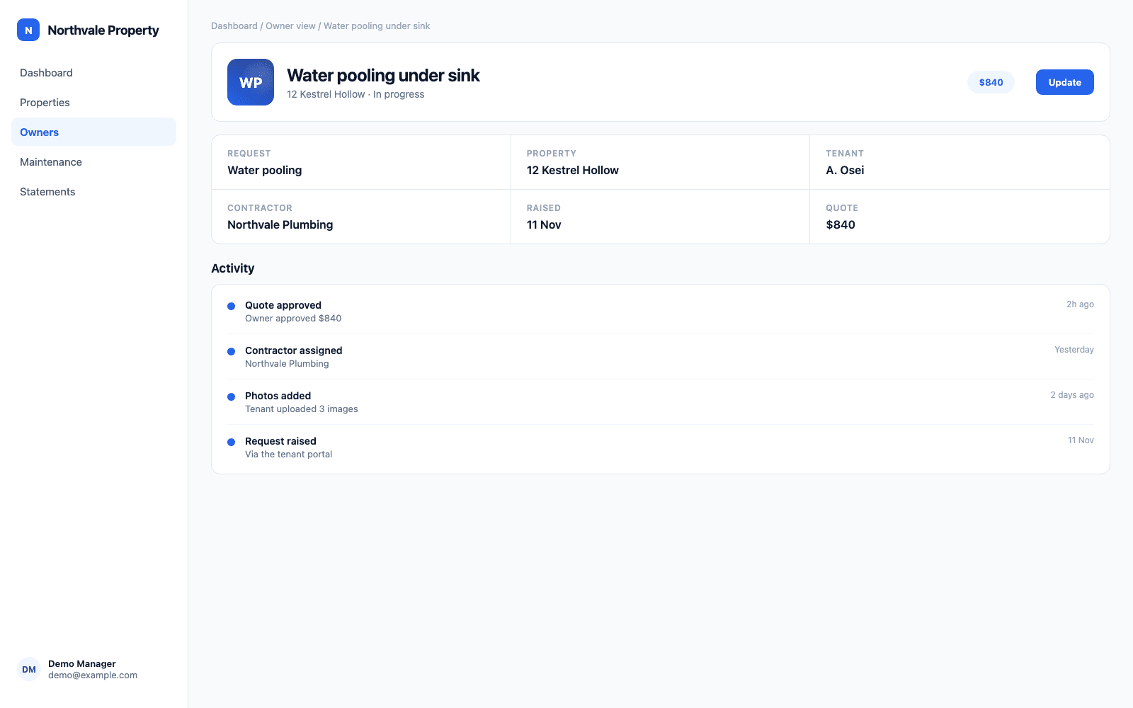 Owner portal showing portfolio occupancy, rent roll, net paid to the owner, and the repair approval queue.