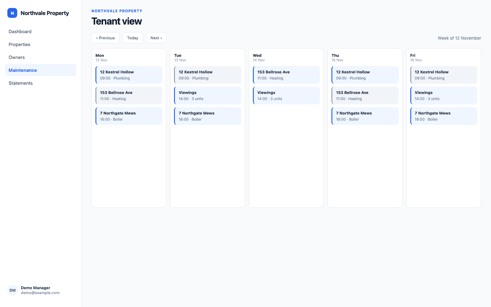 Tenant portal showing monthly rent, account balance, days to renewal, lease summary and an open repair.