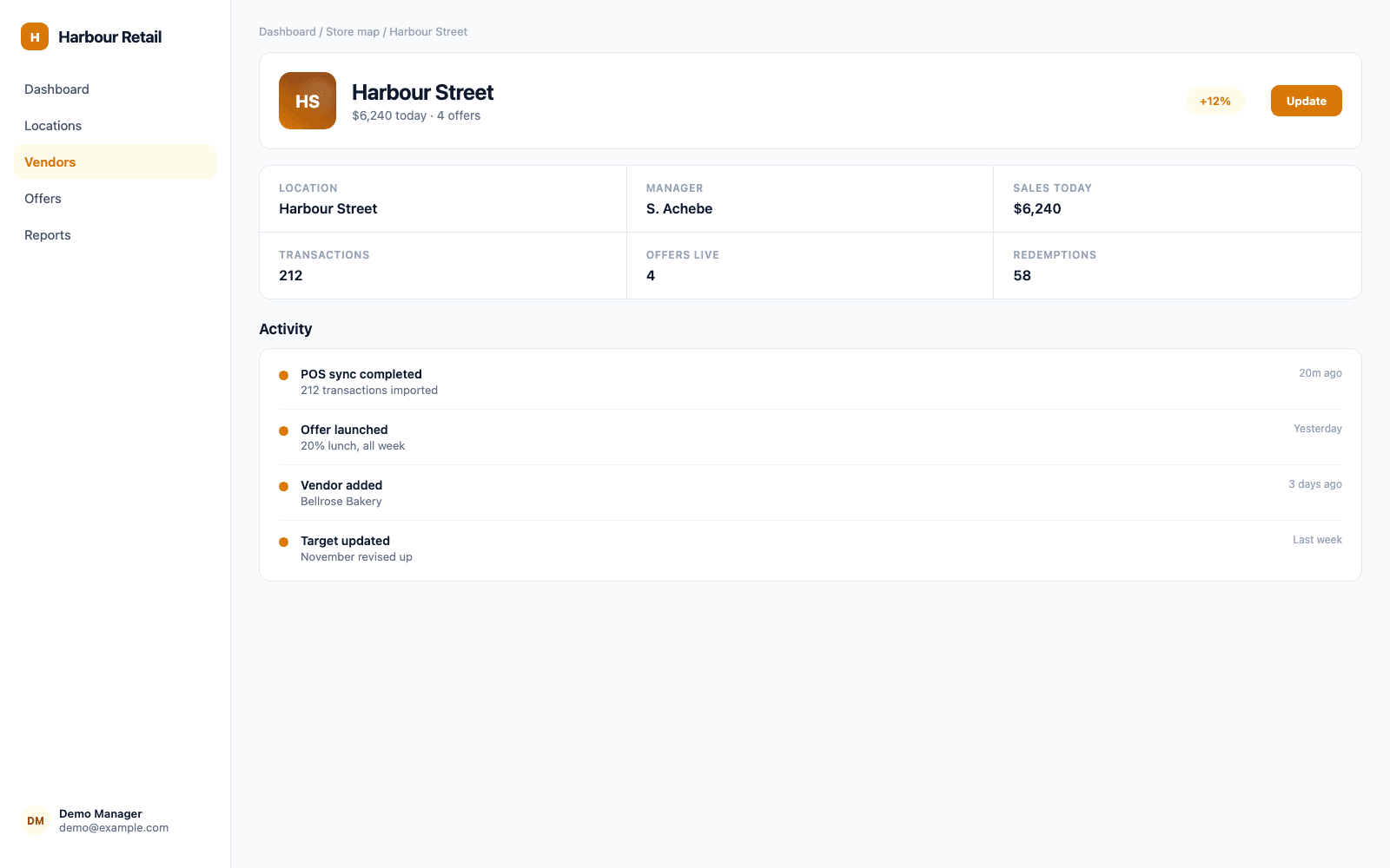 Store map in a demo Retail, F&B & Local Business portal, showing Harbour Retail with sample records