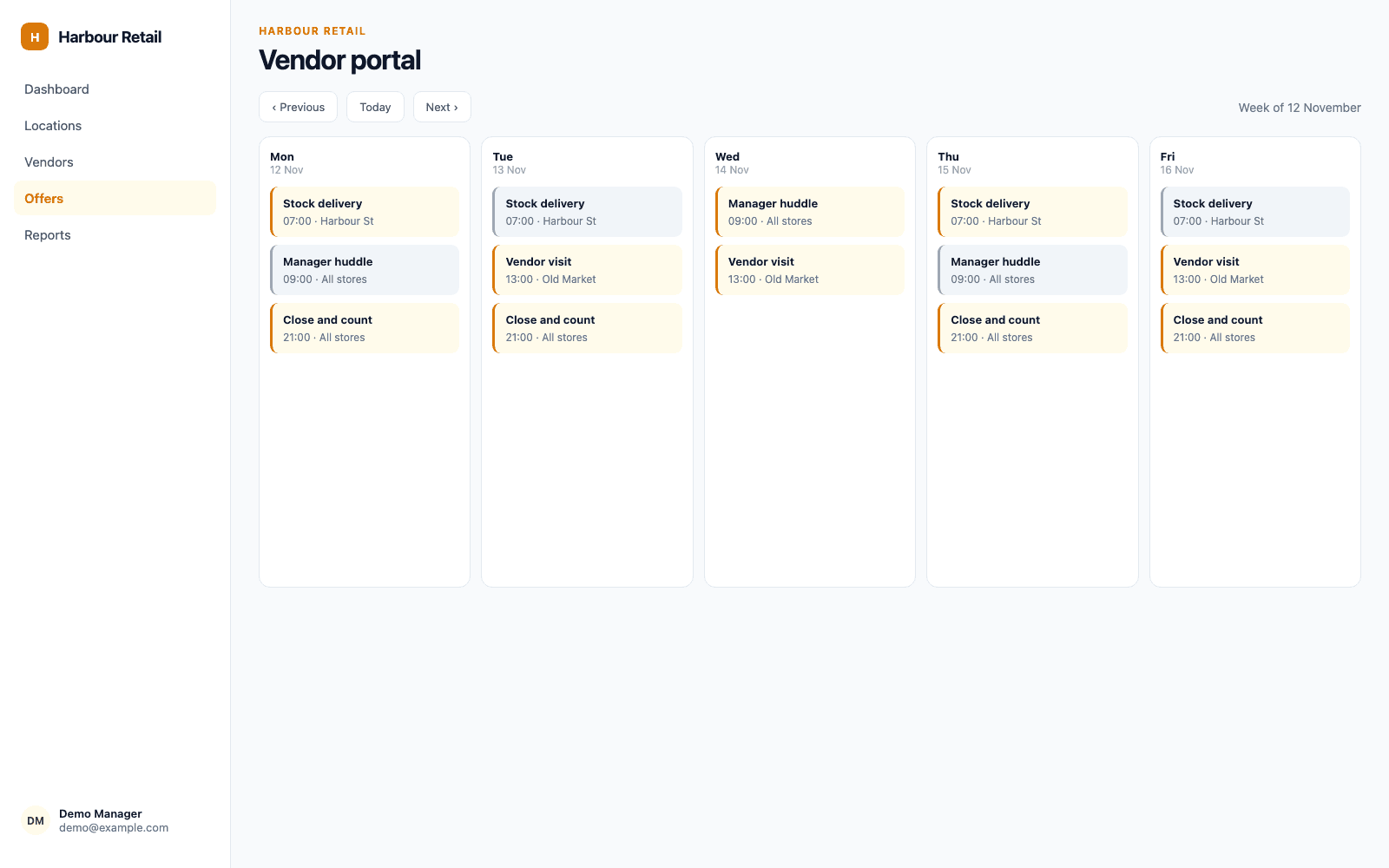 Vendor portal in a demo Retail, F&B & Local Business portal, showing Harbour Retail with sample records