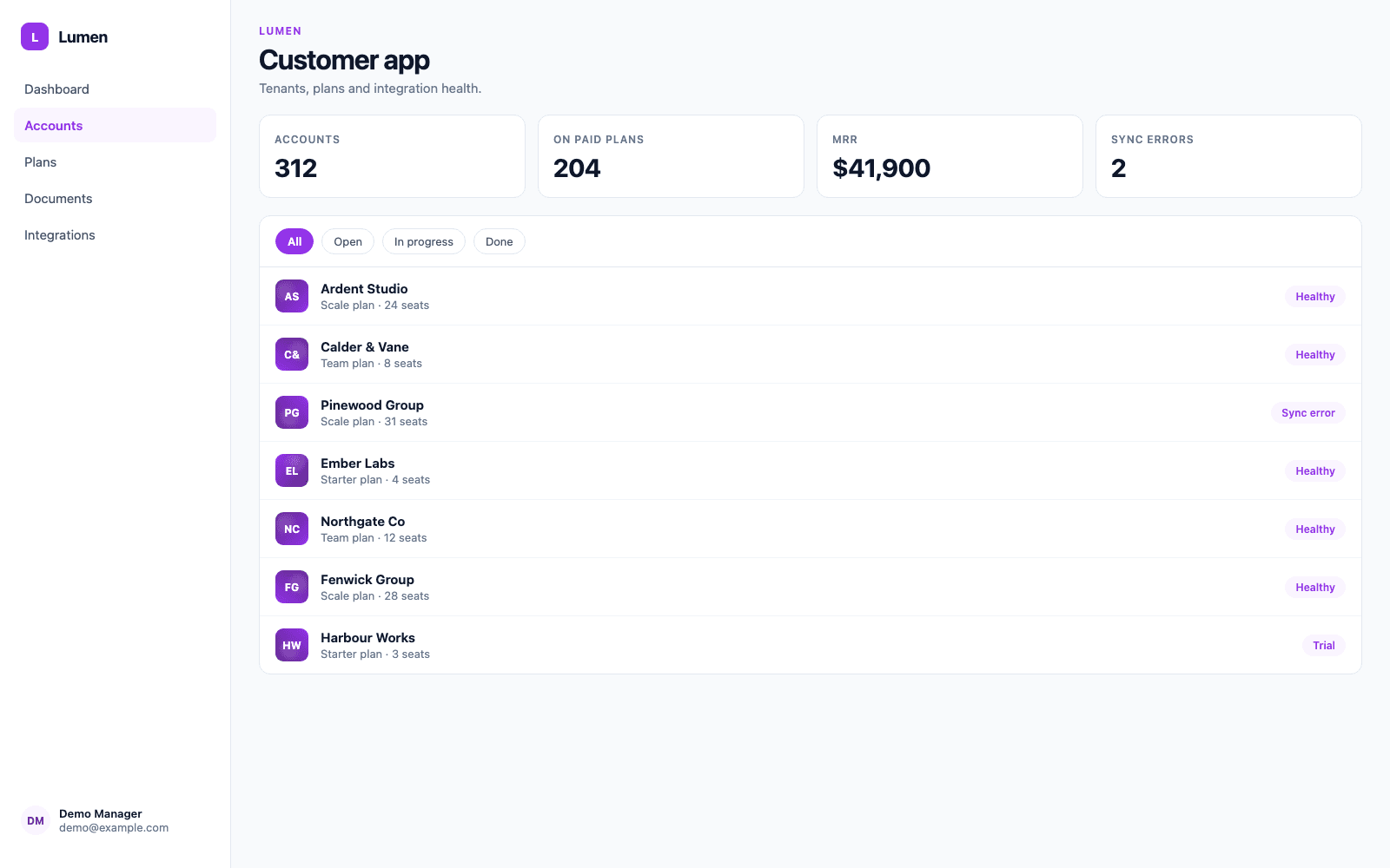 Customer app in a demo SaaS & Tech portal, showing Lumen with sample records