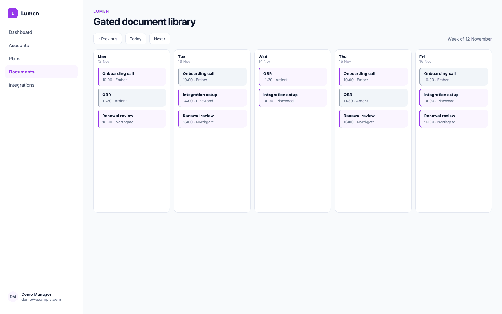 Gated document library in a demo SaaS & Tech portal, showing Lumen with sample records