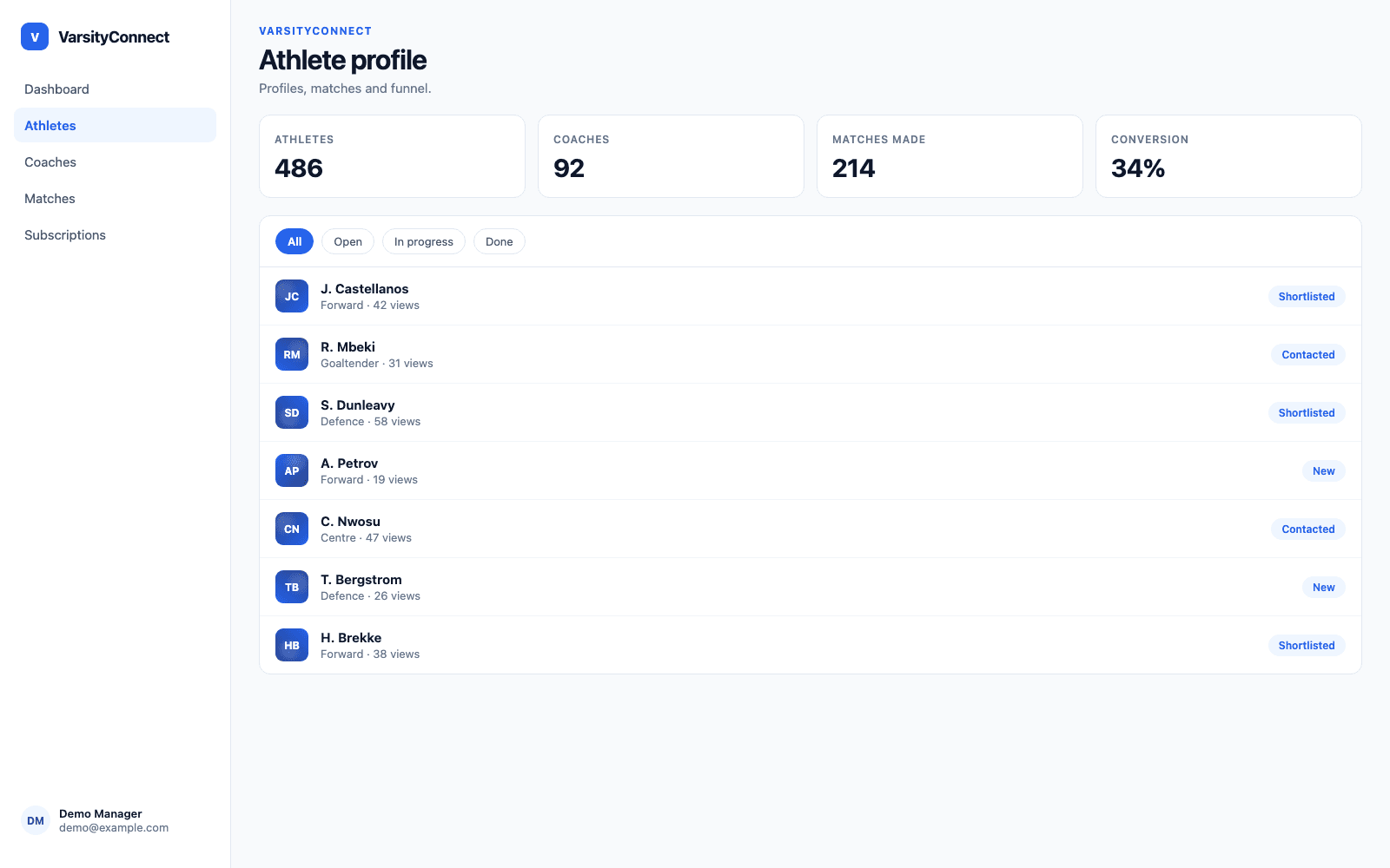 Athlete profile in a demo Sports & Recruiting portal, showing VarsityConnect with sample records