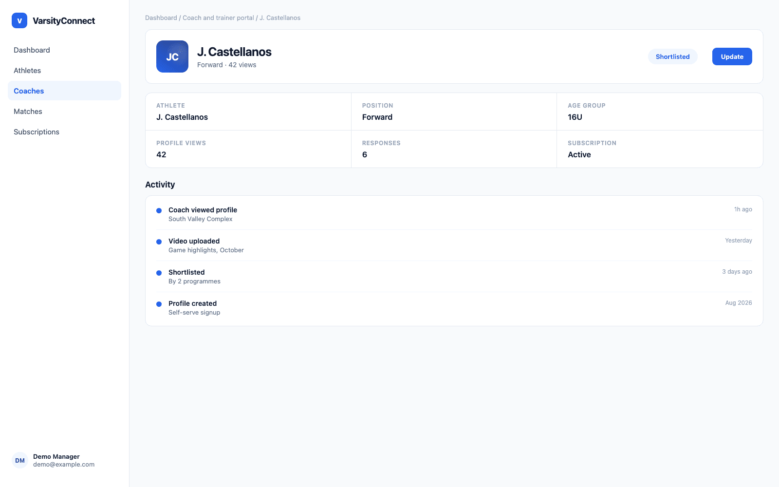 Coach and trainer portal in a demo Sports & Recruiting portal, showing VarsityConnect with sample records