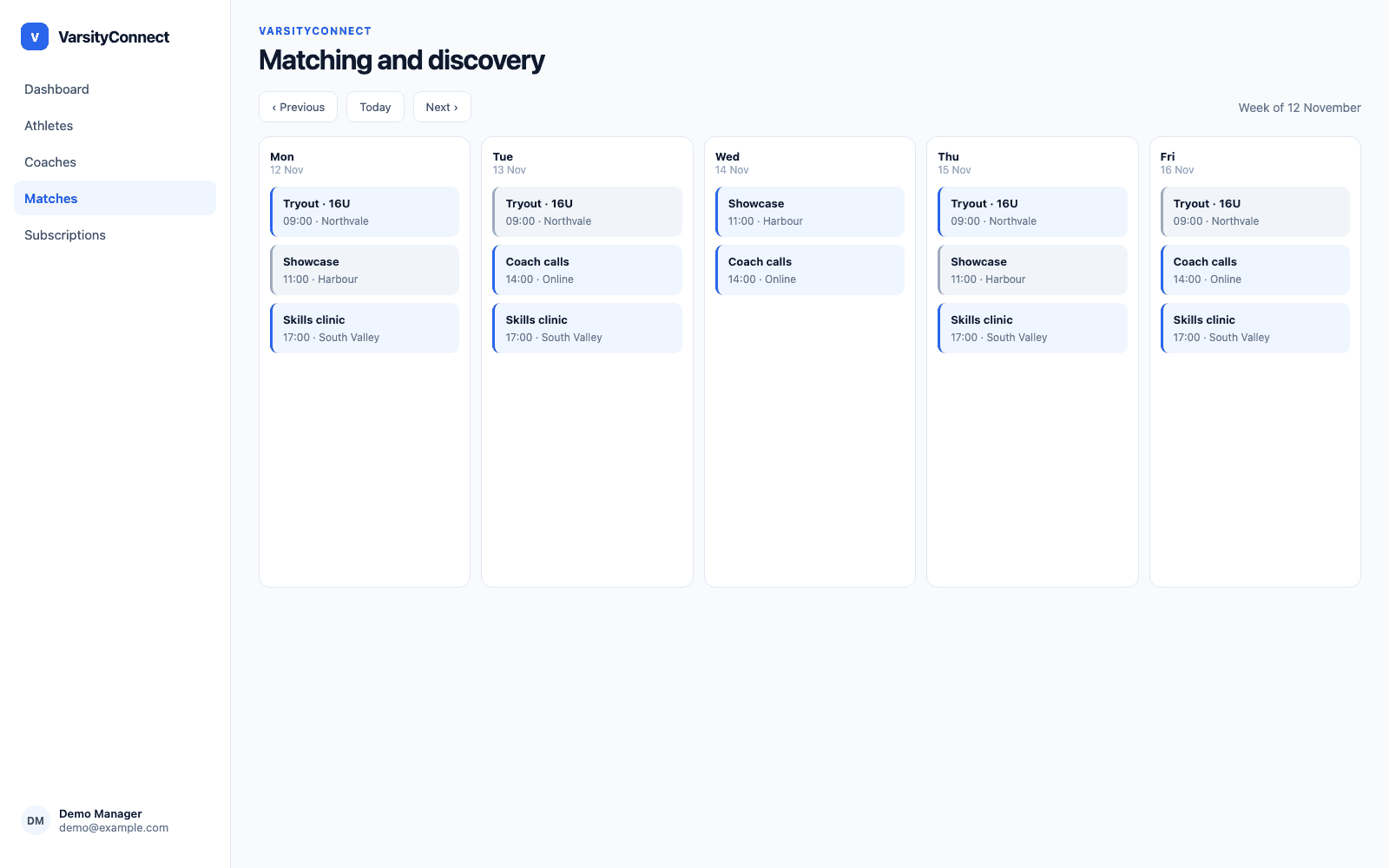 Matching and discovery in a demo Sports & Recruiting portal, showing VarsityConnect with sample records