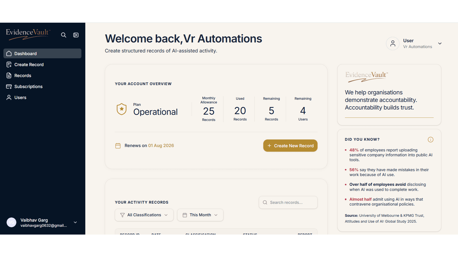 EvidenceVault™ Customer Portal & Subscription Platform