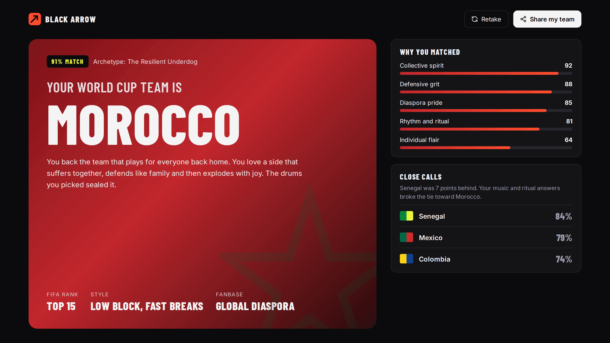 Black Arrow World Cup Team Matching Quiz Platform